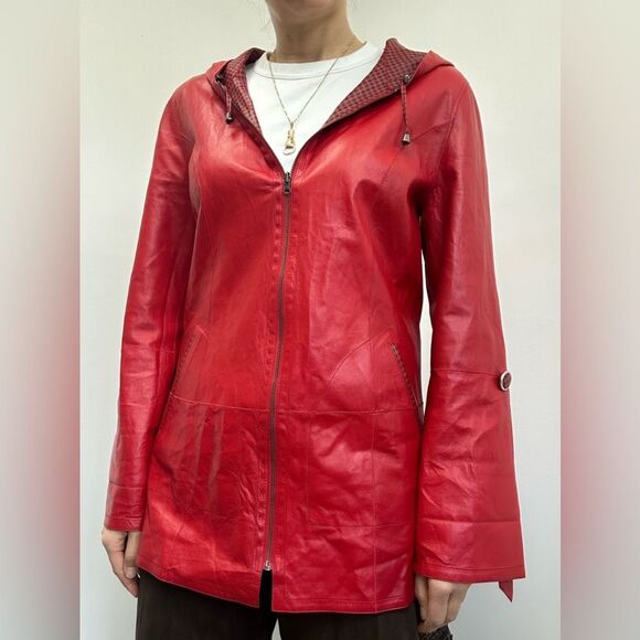 Kircilar Reversible Red Plaid Leather Coat Hooded Lightweight Size S - Picture 7 of 14